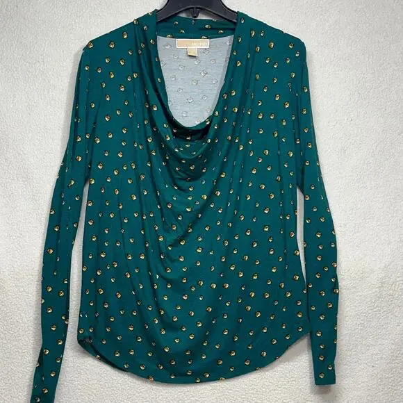 Michael Kors Green Drape Neck Top Medium Gold Print Long Sleeve Blouse - Picture 2 of 11